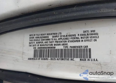 2002 Subaru Outback z USA, uszkodzony, nr VIN 4S3BH665026656559